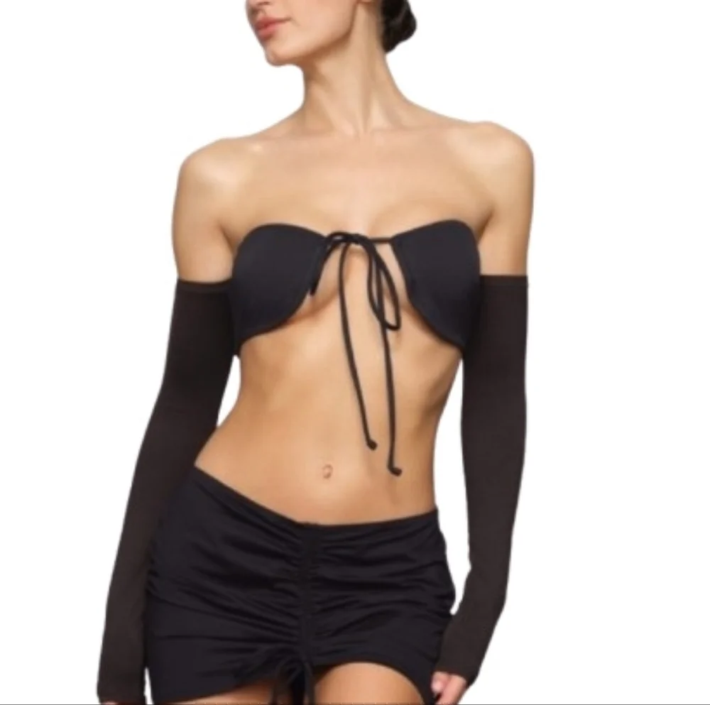 NWT Skims Onyx Long Sleeve Bikini Top Size XL Sweetheart Neckline Front Tie